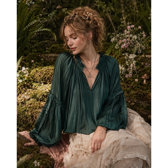 Roan + Ryan Tops - Roan + Ryan Dark Green Plissé Peasant Blouse Romantic Boho Fairy Core Top M